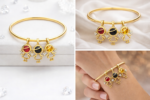 Laminated Gold Family Charm Bangle Bracelet with Birthstone Charms - Image 2