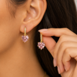 Pink Heart Crystal Drop Hoop Earrings – Gold Plated