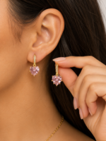 Pink Heart Crystal Drop Hoop Earrings – Gold Plated