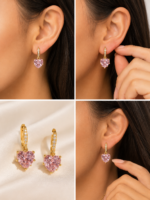 Pink Heart Crystal Drop Hoop Earrings – Gold Plated - Image 2